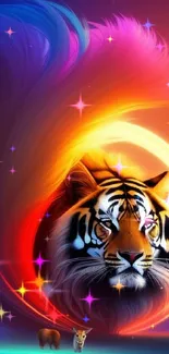 A vibrant fantasy art wallpaper featuring a tiger in vivid colors.