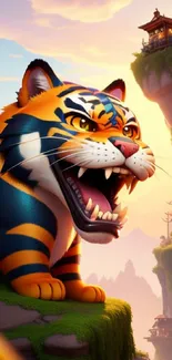 Vibrant cartoon tiger in fantasy landscape with vivid colors.