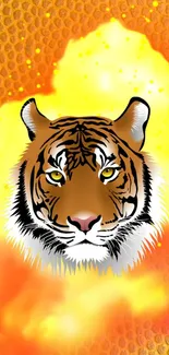 Vibrant tiger with bold orange and yellow flame background.