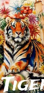 Colorful tiger with floral background artwork.