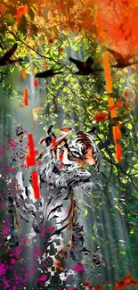 Artistic tiger in a vibrant digital forest mosaic.