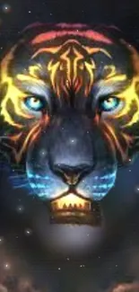 Glowing tiger face with vibrant colors in a cosmic backdrop.