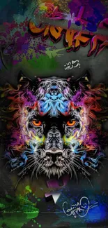 Vibrant tiger graffiti art wallpaper with colorful urban design.