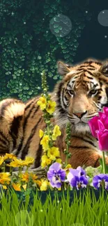 Majestic tiger resting among colorful garden flowers on a green background.