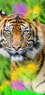 Majestic tiger with vibrant color splashes in a lush jungle setting.