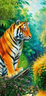 Vibrant tiger in a colorful jungle setting with lush greenery.