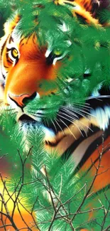 Tiger in jungle with green foliage, vibrant mobile wallpaper.