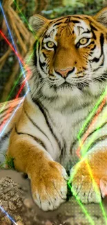 Majestic tiger with colorful laser effects on a forest background.