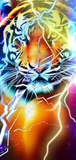 Vibrant tiger wallpaper with lightning and colors.