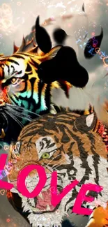 Vibrant tiger art wallpaper with bold 'LOVE' text and dynamic colors.