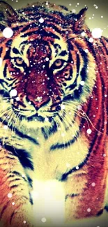 Vibrant tiger standing in snow with striking orange and black stripes.