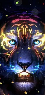 Vibrant tiger face in dark blue digital art wallpaper.