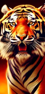 Close-up of a fierce orange tiger with bold stripes on a phone wallpaper.