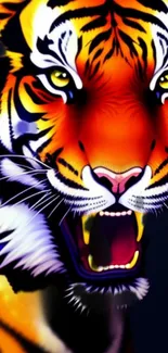 Fierce and vibrant tiger face in orange tones on mobile wallpaper.