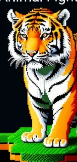 Pixel art tiger on a grassy platform with orange and black stripes.