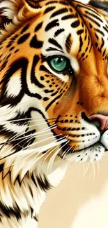 Artistic tiger portrait with green eyes on an orange background.