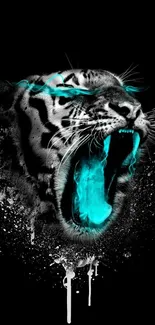 Fierce tiger with neon blue accents on a black background.