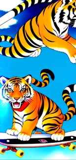 Vibrant tiger skateboarding art with vivid blue background.