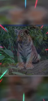 Tiger cub with neon lights and green leaves in the background.