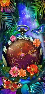 Vibrant fantasy wallpaper with pocket watch and colorful elements.