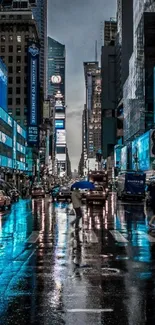 Vibrant Times Square street at night with blue reflections.