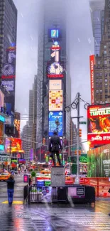 Colorful Times Square with neon lights and city buildings in New York.