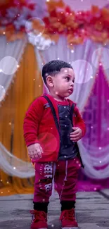 Toddler in a red outfit with vibrant floral backdrop.