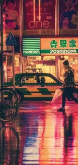 Tokyo street scene at night with neon lights reflecting on wet pavement.