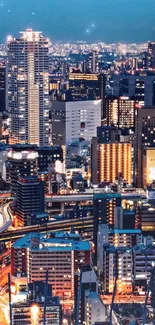 Tokyo city skyline at night illuminated with vibrant urban lights.