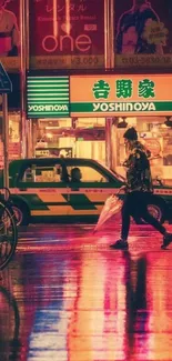 Vibrant Tokyo street at night with neon lights and reflections.