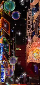 Anime-inspired Tokyo cityscape with neon lights and bubbles.