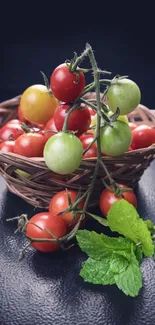 Basket of ripe tomatoes with vibrant background.