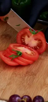 Freshly sliced tomatoes on a wooden board with vibrant colors and detailed texture.