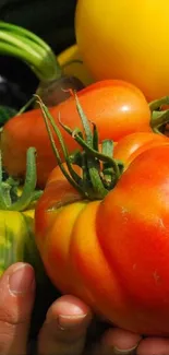 Fresh heirloom tomatoes in vibrant colors on a phone wallpaper.