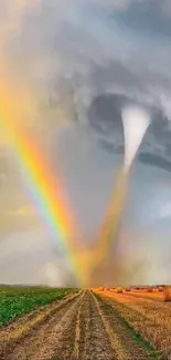 A vivid tornado merges with a rainbow over a field.