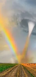 A colorful tornado and rainbow blend in the sky above a field.