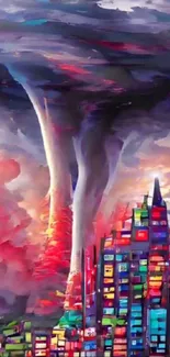 Colorful cityscape with tornado clouds.