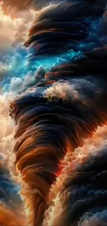 Artistic tornado cloud with vibrant colors in a phone wallpaper.