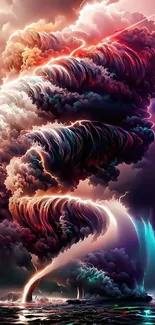 Vibrant artistic depiction of a swirling tornado cloud over a colorful sky.