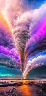 Vibrant tornado under a colorful, purple-sky background.