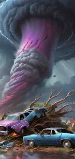 Digital artwork of a vibrant tornado over damaged cars with dramatic clouds.