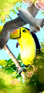 Vibrant wallpaper with a toucan and dove amidst lush greenery.