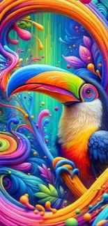 Colorful abstract toucan in vibrant patterns.