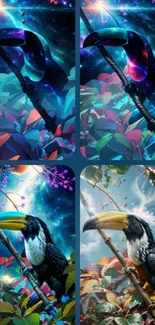 Vibrant cosmic wallpaper with a toucan and galaxy background.