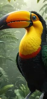 Bright toucan perched in lush jungle.