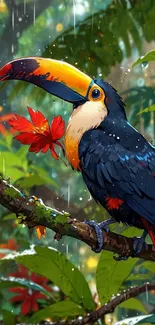 Colorful toucan perched in lush jungle with vibrant foliage and raindrops.