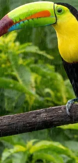A vibrant toucan perched on a branch in a lush rainforest setting.