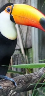 Vibrant toucan on branch in natural setting wallpaper.