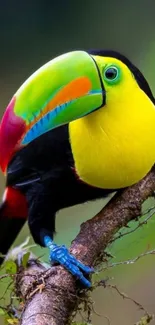 Vibrant toucan perched on a branch with colorful beak in nature.