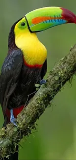 Colorful toucan perched on a mossy branch on mobile wallpaper.